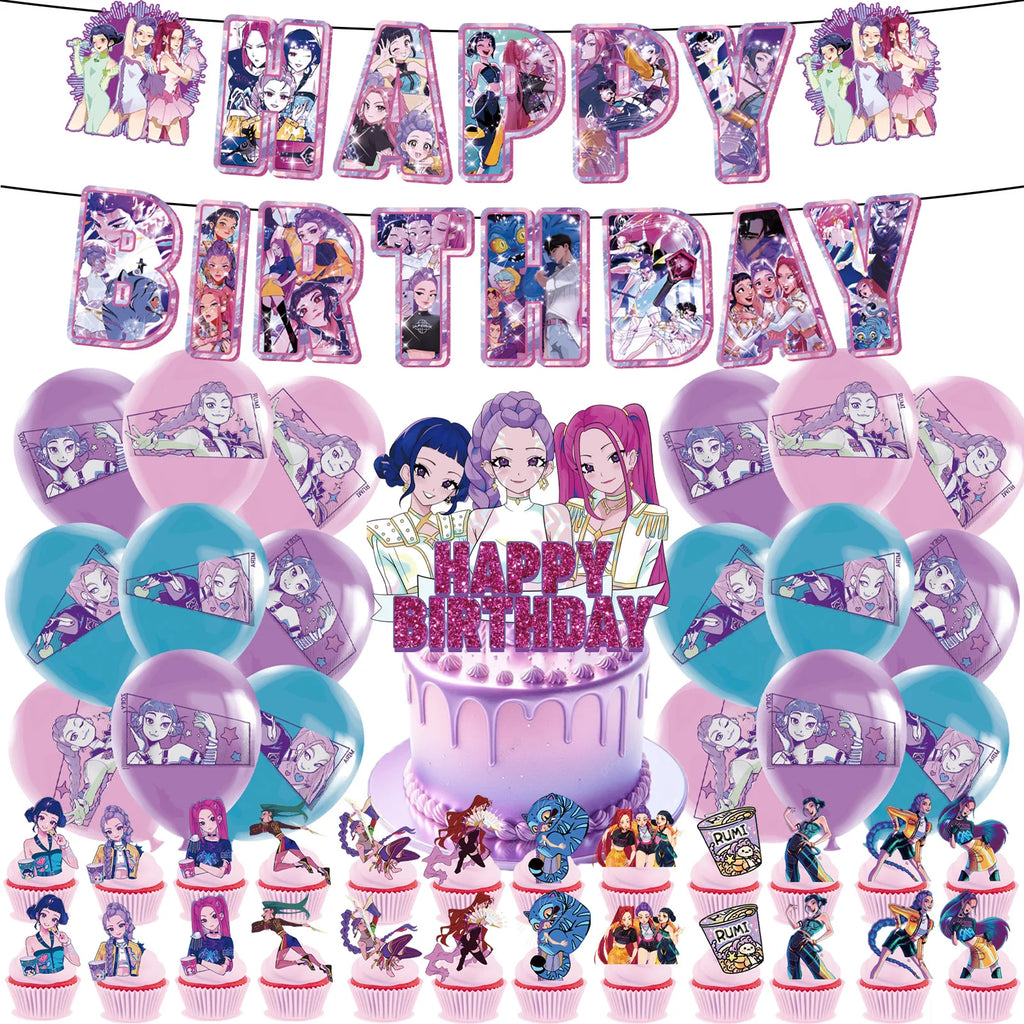Décorations de fête d'anniversaire sur le thème des chasseurs de démons K-pop, dessinées à la main : cake topper, banderole de ballons, décor pour baby shower de fille