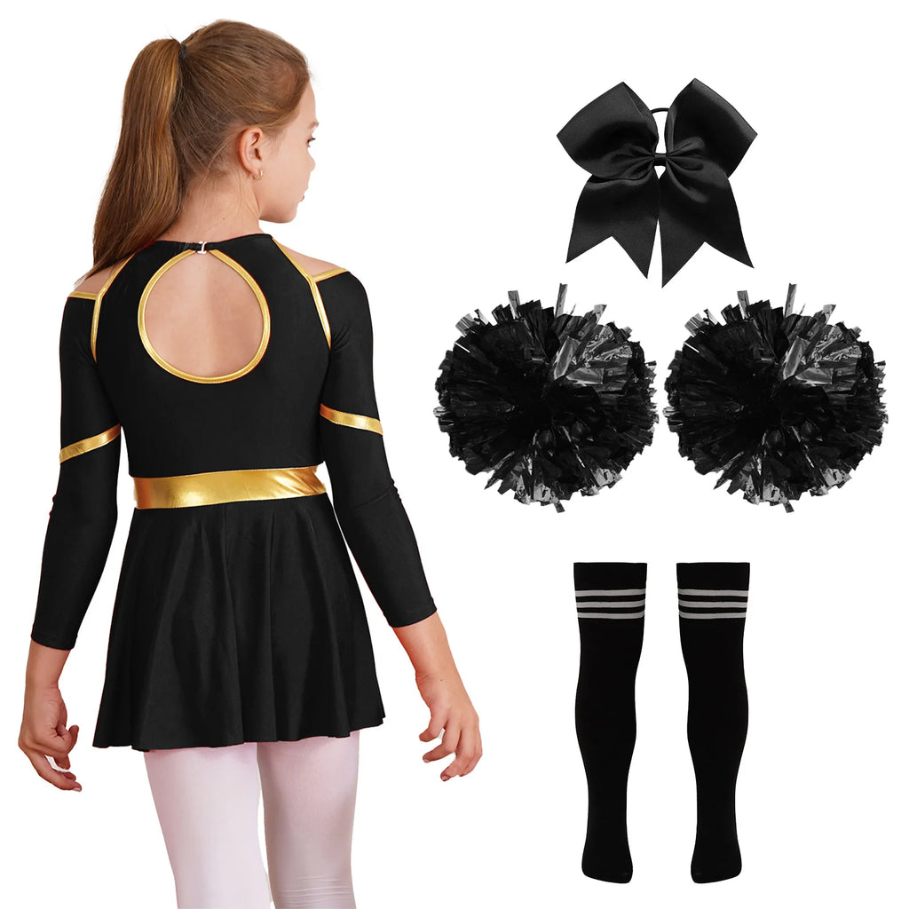 Costume de pom-pom girl pour filles, uniforme de pom-pom girl, tenue de danse scolaire, épaules dénudées, manches longues, robe de danse avec accessoires