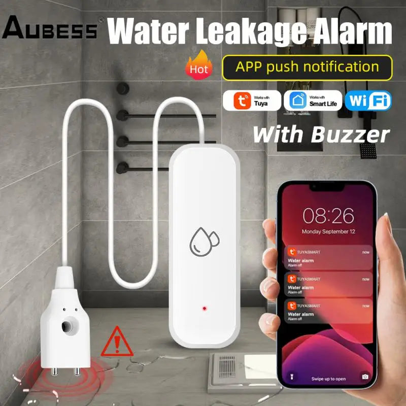 Détecteur de fuites d'eau Aubess Tuya WiFi ZigBee avec avertisseur sonore et détecteur de débordement, compatible avec la surveillance à distance Smart Life