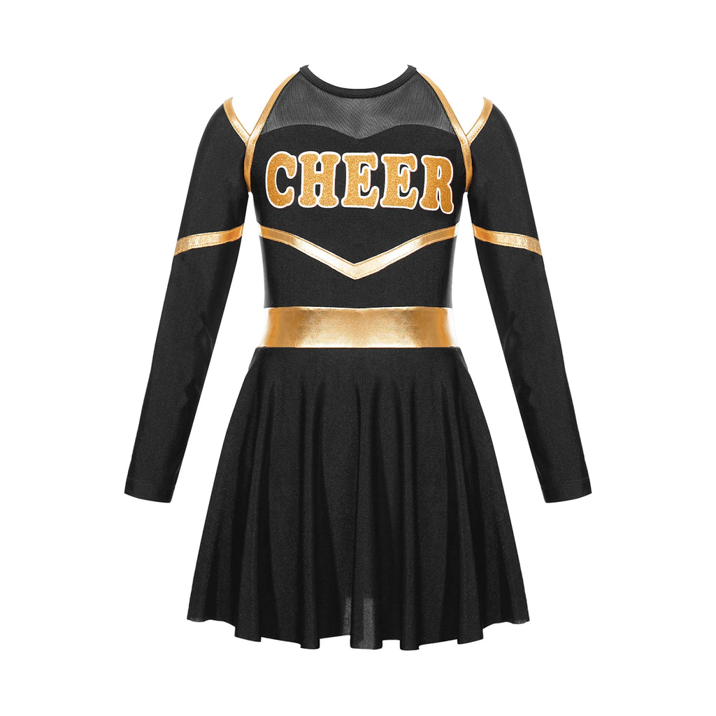 Costume de pom-pom girl pour filles, uniforme de pom-pom girl, tenue de danse scolaire, épaules dénudées, manches longues, robe de danse avec accessoires