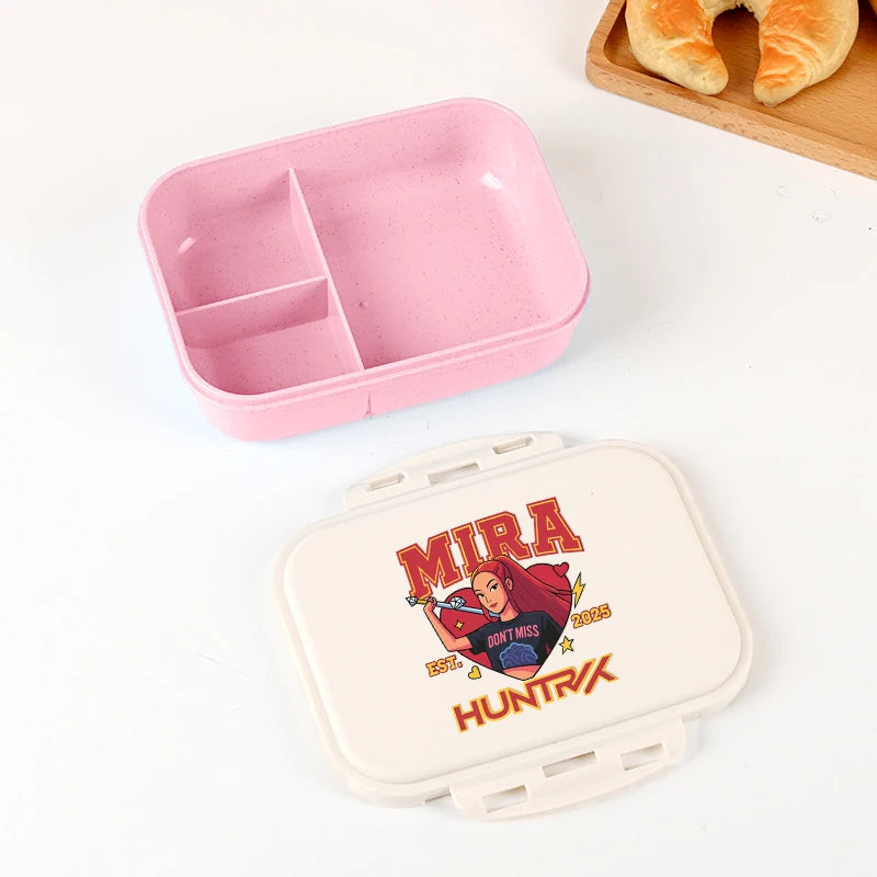 Boîte à lunch Kpop Demon Hunters pour garçon/fille, mignonne Mira Zoey Jinu, boîte bento portable en plastique avec vaisselle et récipient pour aliments et fruits