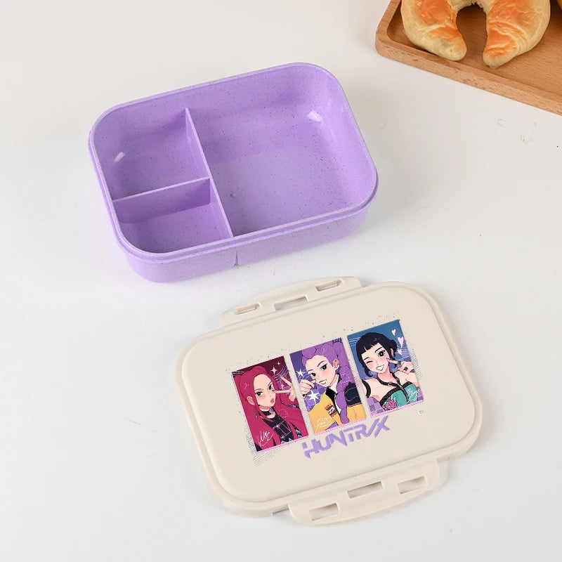 Boîte à lunch Kpop Demon Hunters pour garçon/fille, mignonne Mira Zoey Jinu, boîte bento portable en plastique avec vaisselle et récipient pour aliments et fruits