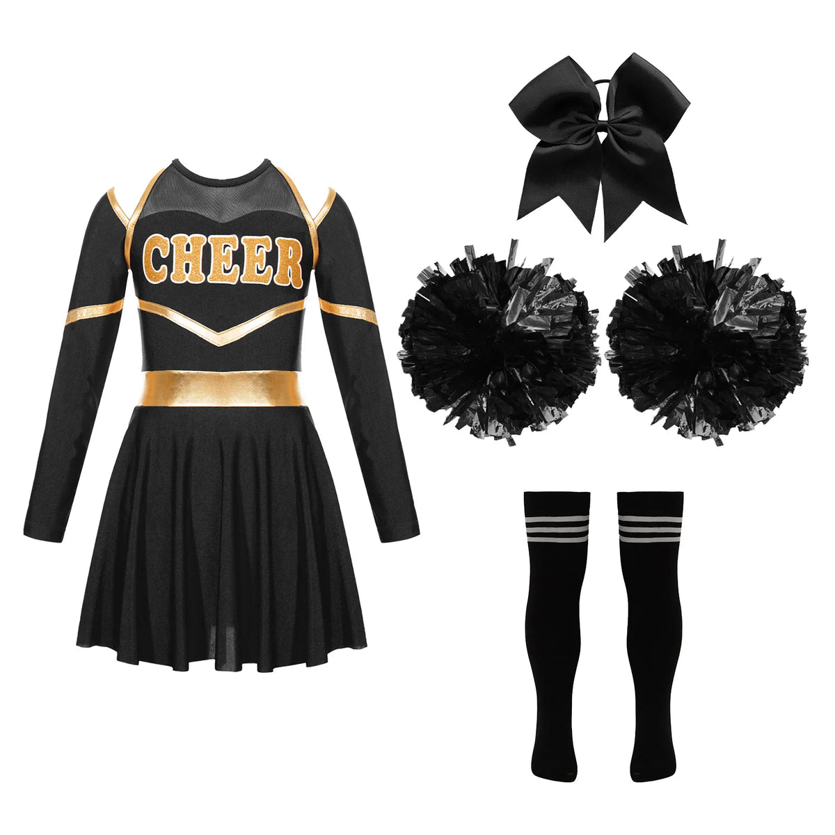 Costume de pom-pom girl pour filles, uniforme de pom-pom girl, tenue de danse scolaire, épaules dénudées, manches longues, robe de danse avec accessoires