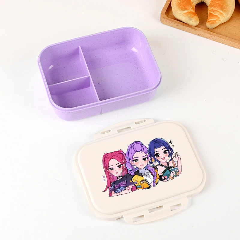 Boîte à lunch Kpop Demon Hunters pour garçon/fille, mignonne Mira Zoey Jinu, boîte bento portable en plastique avec vaisselle et récipient pour aliments et fruits