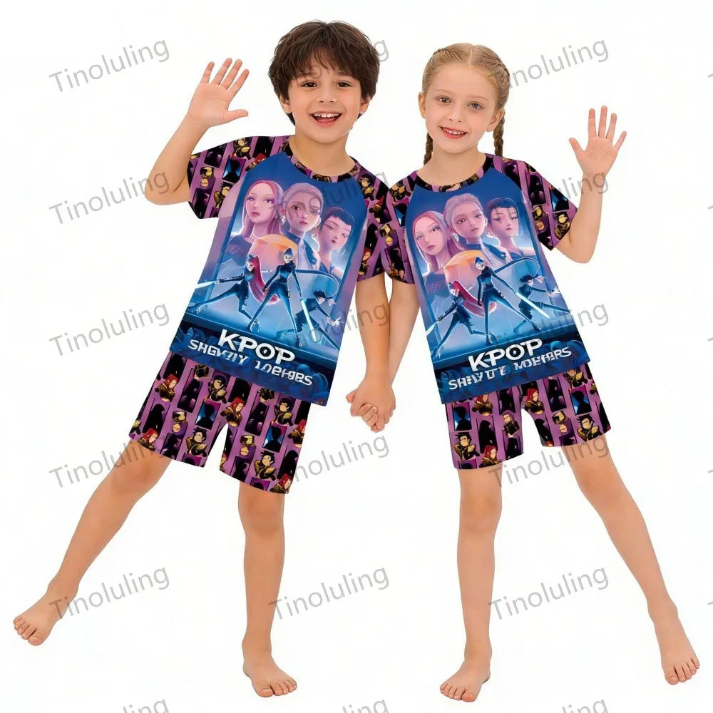 Ensemble pyjama d'été à manches courtes Kpop Demon Hunter pour filles, vêtements de nuit pour enfants, pyjamas pour enfants, costume de cosplay Rumi Zoey Huntrix