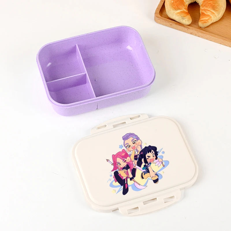 Boîte à lunch Kpop Demon Hunters pour garçon/fille, mignonne Mira Zoey Jinu, boîte bento portable en plastique avec vaisselle et récipient pour aliments et fruits