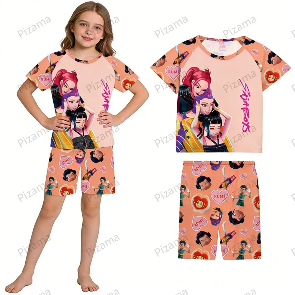 Ensemble pyjama d'été à manches courtes Kpop Demon Hunter pour filles, vêtements de nuit pour enfants, pyjamas pour enfants, costume de cosplay Rumi Zoey Huntrix