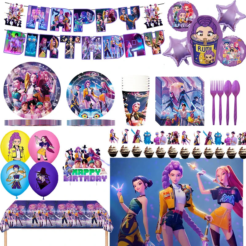 Décoration d'anniversaire Kpop Chasseur de Démons : vaisselle, ballons en aluminium, sac cadeau, assiette, gobelet, décoration de gâteau Kpop, bannière, fond