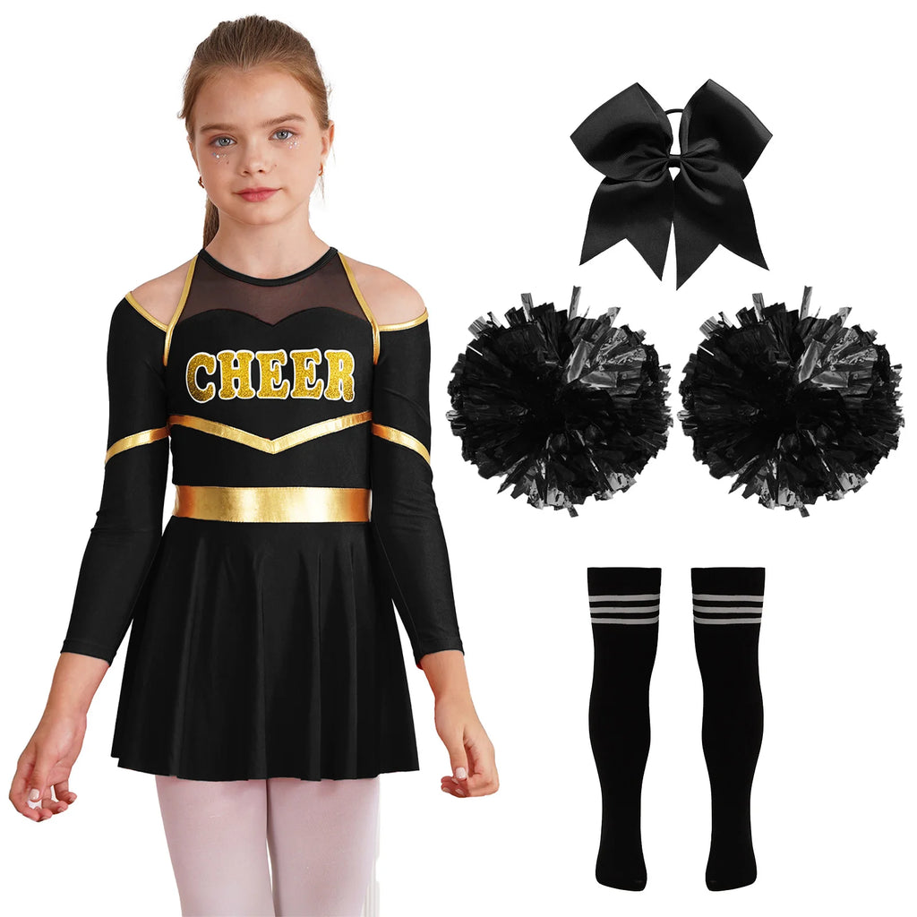 Costume de pom-pom girl pour filles, uniforme de pom-pom girl, tenue de danse scolaire, épaules dénudées, manches longues, robe de danse avec accessoires