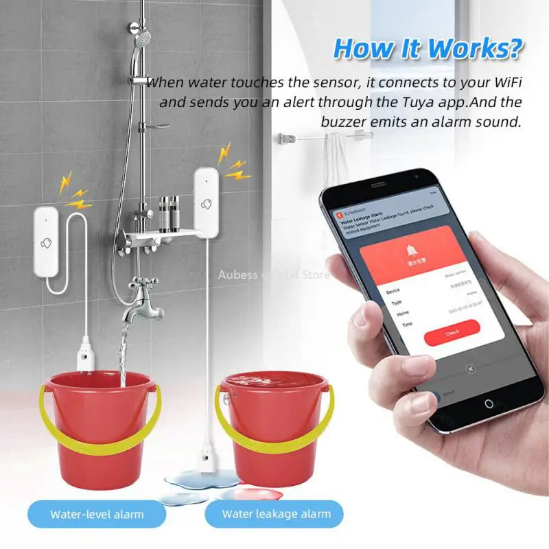 Détecteur de fuites d'eau Aubess Tuya WiFi ZigBee avec avertisseur sonore et détecteur de débordement, compatible avec la surveillance à distance Smart Life