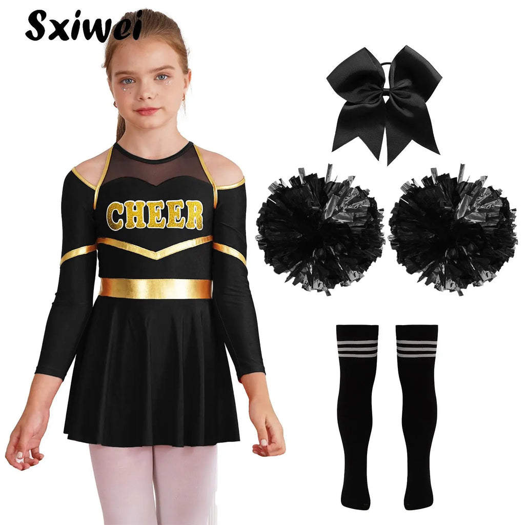 Costume de pom-pom girl pour filles, uniforme de pom-pom girl, tenue de danse scolaire, épaules dénudées, manches longues, robe de danse avec accessoires
