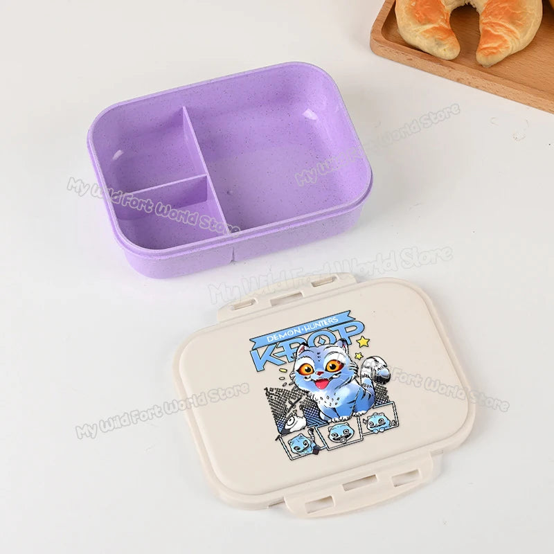 Boîte à lunch Kpop Demon Hunters pour garçon/fille, mignonne Mira Zoey Jinu, boîte bento portable en plastique avec vaisselle et récipient pour aliments et fruits