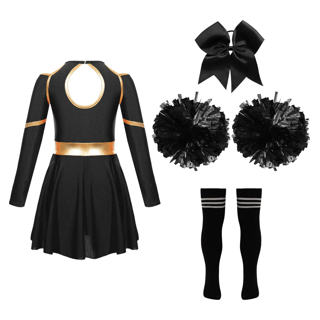 Costume de pom-pom girl pour filles, uniforme de pom-pom girl, tenue de danse scolaire, épaules dénudées, manches longues, robe de danse avec accessoires