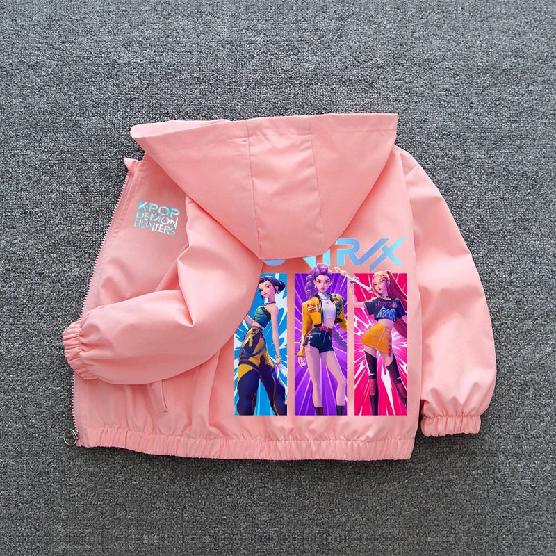 K-pop Demon Hunters 2026 Manteau coupe-vent printemps-automne pour enfants et adolescentes, imprimé dessin animé, veste à capuche imperméable