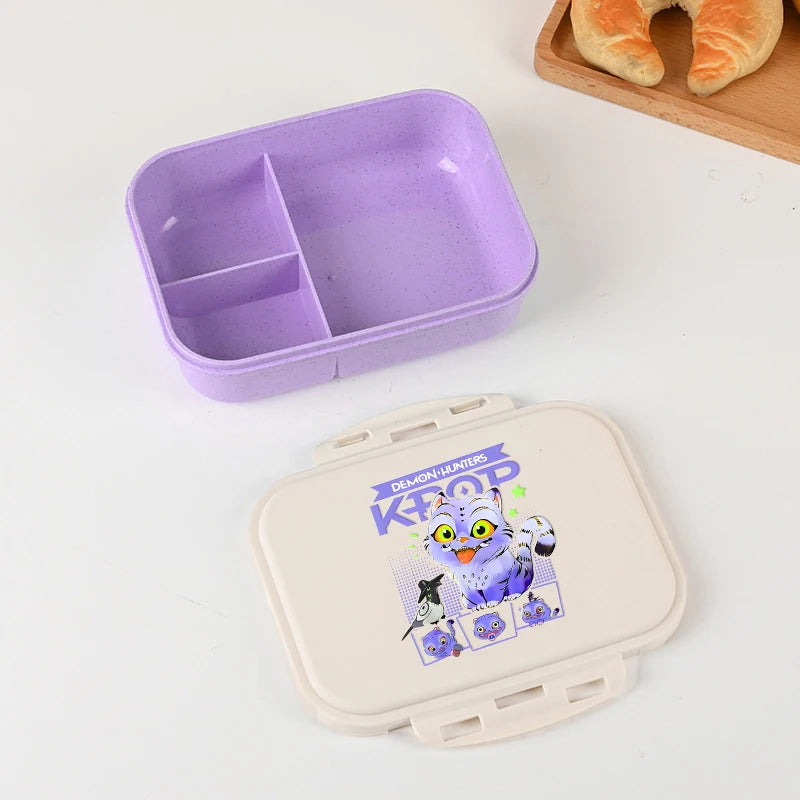 Boîte à lunch Kpop Demon Hunters pour garçon/fille, mignonne Mira Zoey Jinu, boîte bento portable en plastique avec vaisselle et récipient pour aliments et fruits