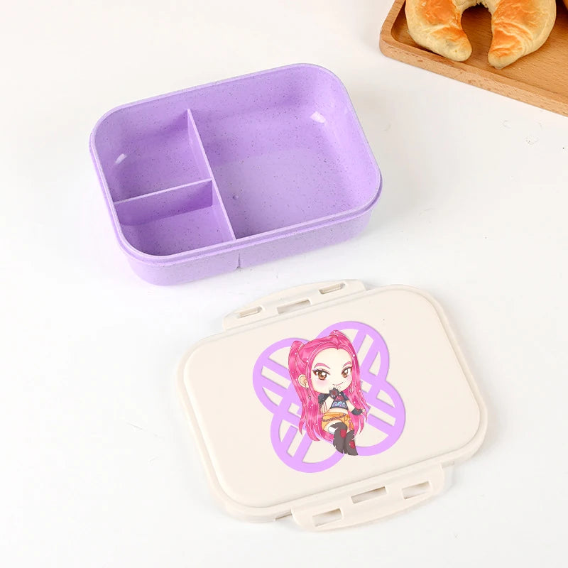 Boîte à lunch Kpop Demon Hunters pour garçon/fille, mignonne Mira Zoey Jinu, boîte bento portable en plastique avec vaisselle et récipient pour aliments et fruits