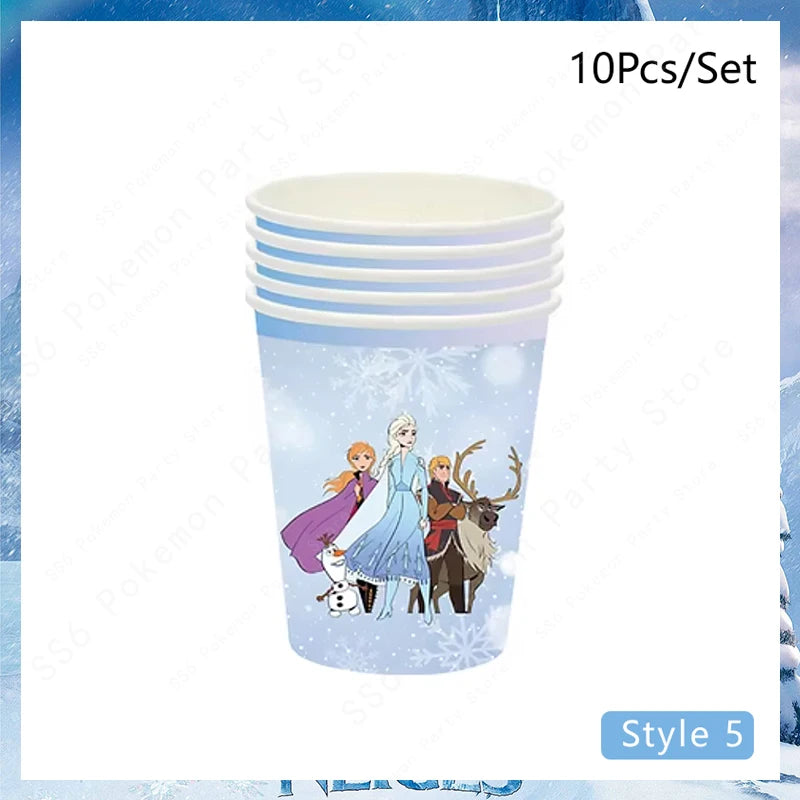 Kit de décoration pour fête d'anniversaire Disney Elsa La Reine des Neiges : vaisselle jetable, gobelets en papier, nappes, assiettes et sacs