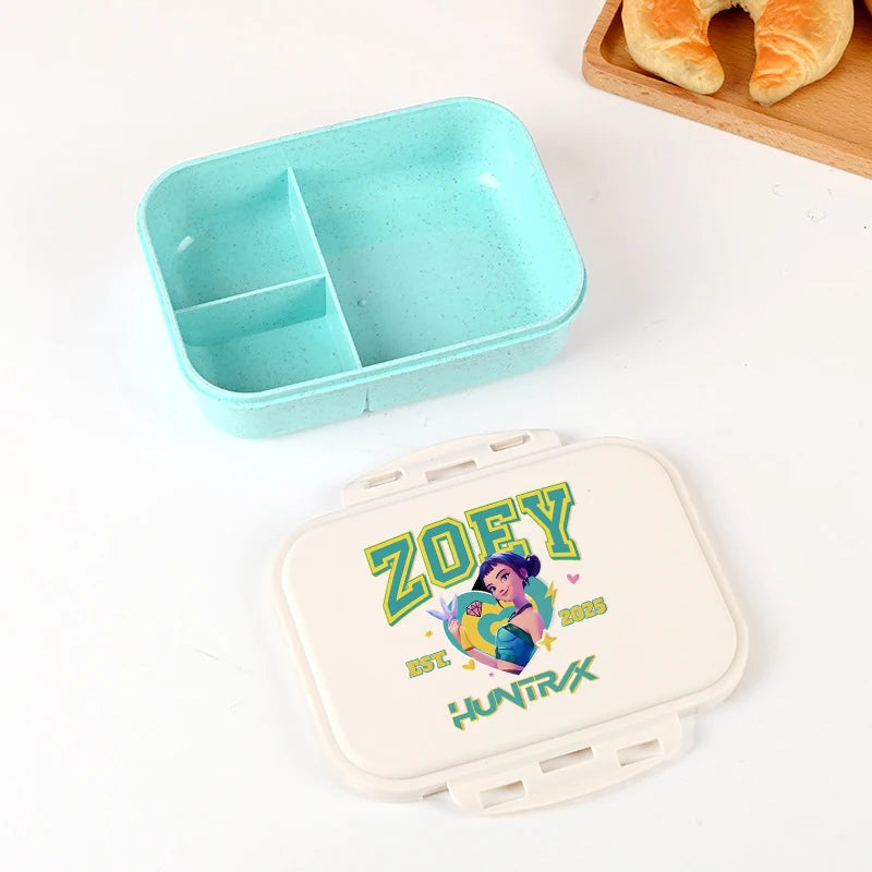 Boîte à lunch Kpop Demon Hunters pour garçon/fille, mignonne Mira Zoey Jinu, boîte bento portable en plastique avec vaisselle et récipient pour aliments et fruits