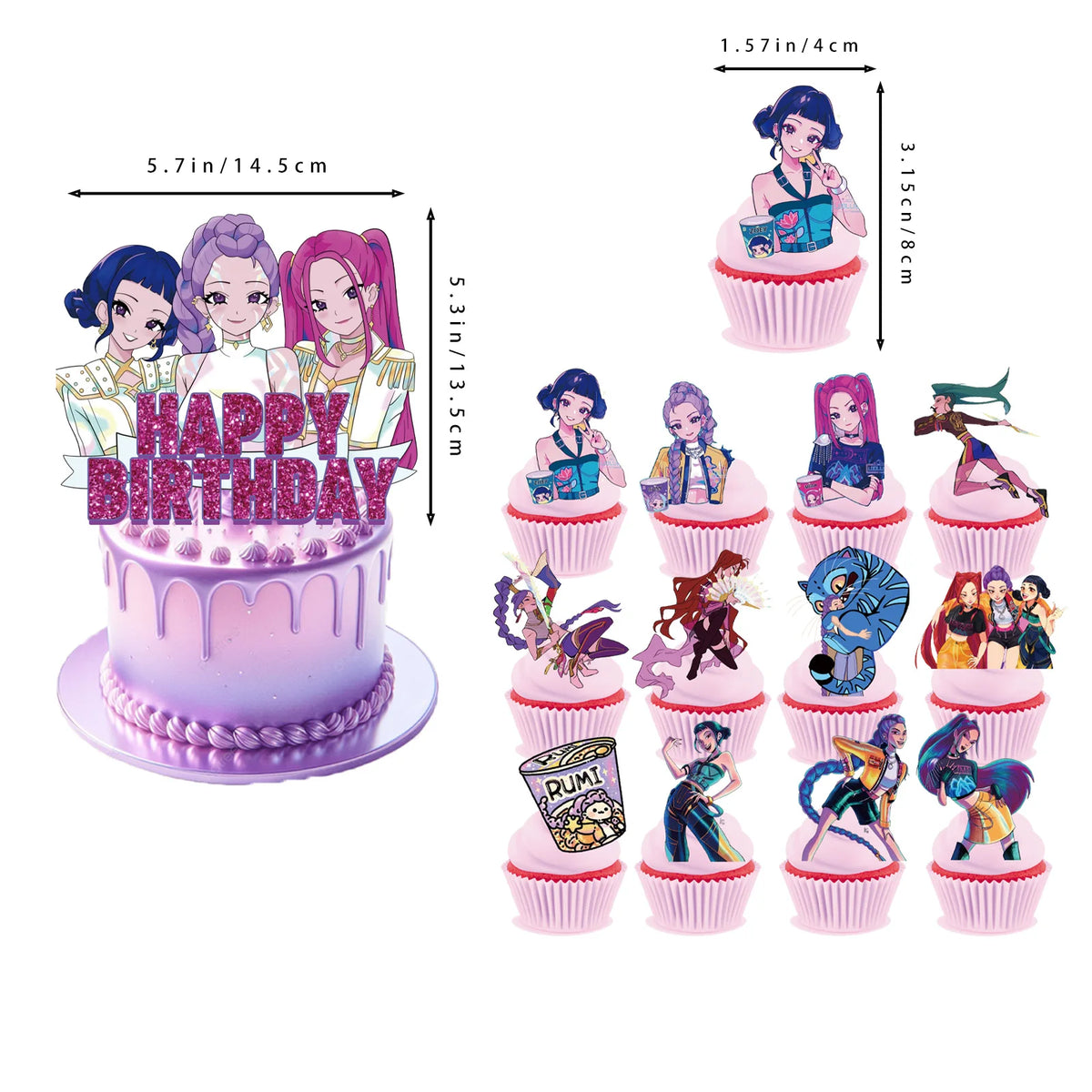 Décorations de fête d'anniversaire sur le thème des chasseurs de démons K-pop, dessinées à la main : cake topper, banderole de ballons, décor pour baby shower de fille