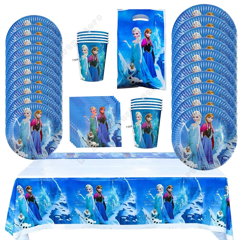 Kit de décoration pour fête d'anniversaire Disney Elsa La Reine des Neiges : vaisselle jetable, gobelets en papier, nappes, assiettes et sacs