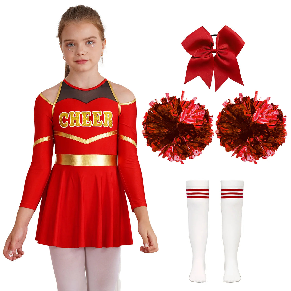Costume de pom-pom girl pour filles, uniforme de pom-pom girl, tenue de danse scolaire, épaules dénudées, manches longues, robe de danse avec accessoires