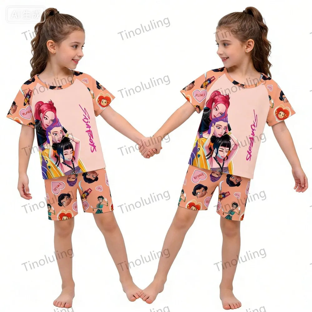 Ensemble pyjama d'été à manches courtes Kpop Demon Hunter pour filles, vêtements de nuit pour enfants, pyjamas pour enfants, costume de cosplay Rumi Zoey Huntrix