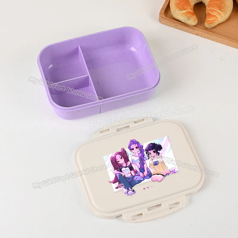 Boîte à lunch Kpop Demon Hunters pour garçon/fille, mignonne Mira Zoey Jinu, boîte bento portable en plastique avec vaisselle et récipient pour aliments et fruits