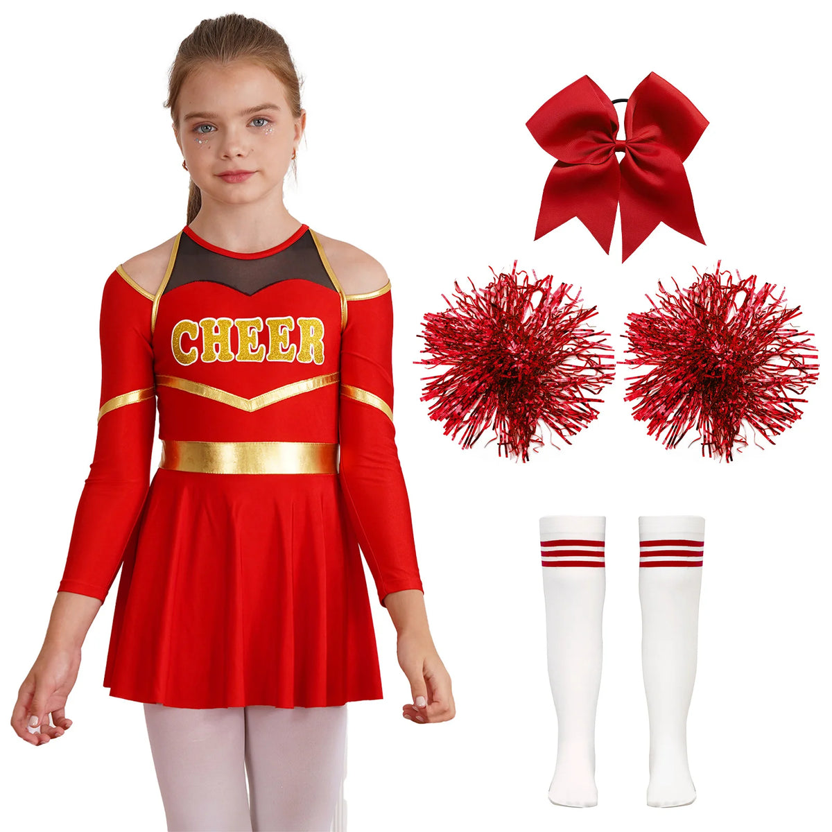 Costume de pom-pom girl pour filles, uniforme de pom-pom girl, tenue de danse scolaire, épaules dénudées, manches longues, robe de danse avec accessoires