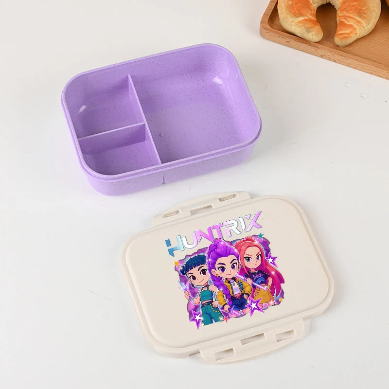 Boîte à lunch Kpop Demon Hunters pour garçon/fille, mignonne Mira Zoey Jinu, boîte bento portable en plastique avec vaisselle et récipient pour aliments et fruits