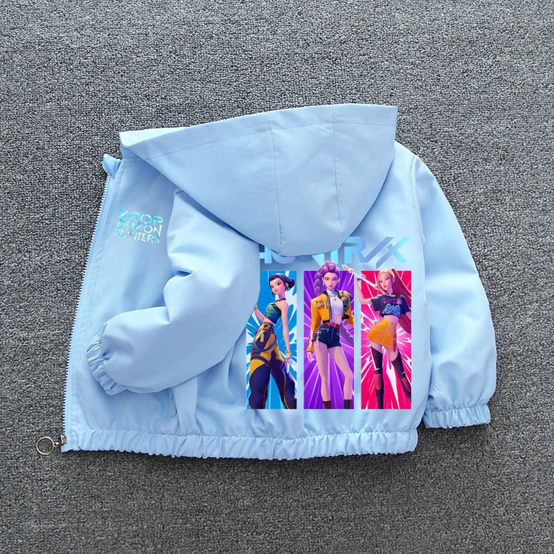 K-pop Demon Hunters 2026 Manteau coupe-vent printemps-automne pour enfants et adolescentes, imprimé dessin animé, veste à capuche imperméable