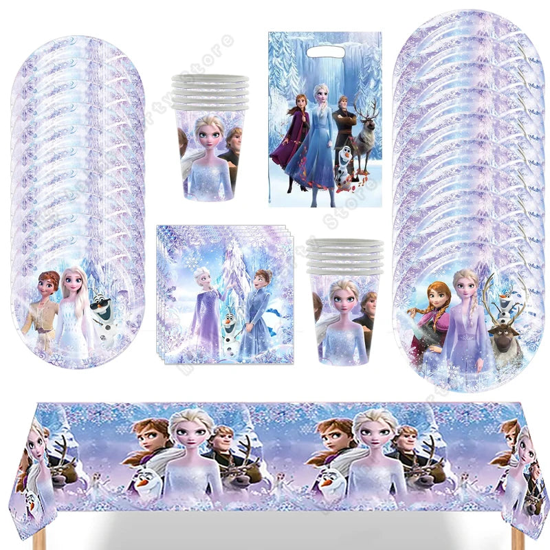 Kit de décoration pour fête d'anniversaire Disney Elsa La Reine des Neiges : vaisselle jetable, gobelets en papier, nappes, assiettes et sacs
