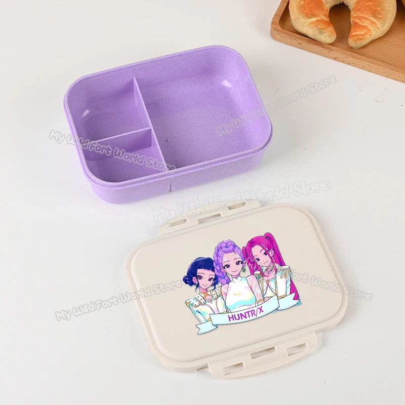 Boîte à lunch Kpop Demon Hunters pour garçon/fille, mignonne Mira Zoey Jinu, boîte bento portable en plastique avec vaisselle et récipient pour aliments et fruits
