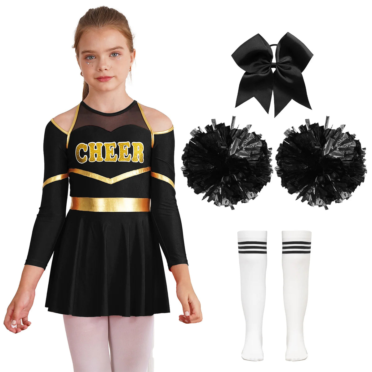 Costume de pom-pom girl pour filles, uniforme de pom-pom girl, tenue de danse scolaire, épaules dénudées, manches longues, robe de danse avec accessoires