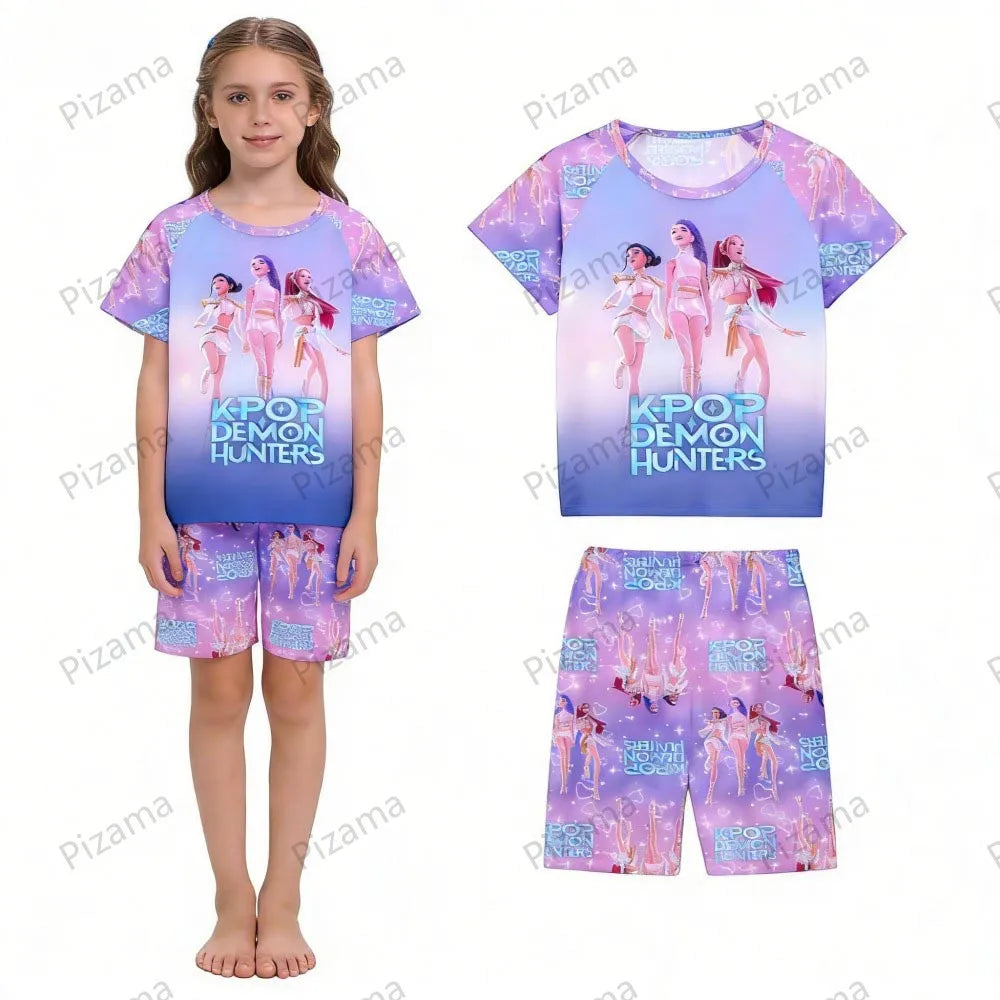 Ensemble pyjama d'été à manches courtes Kpop Demon Hunter pour filles, vêtements de nuit pour enfants, pyjamas pour enfants, costume de cosplay Rumi Zoey Huntrix