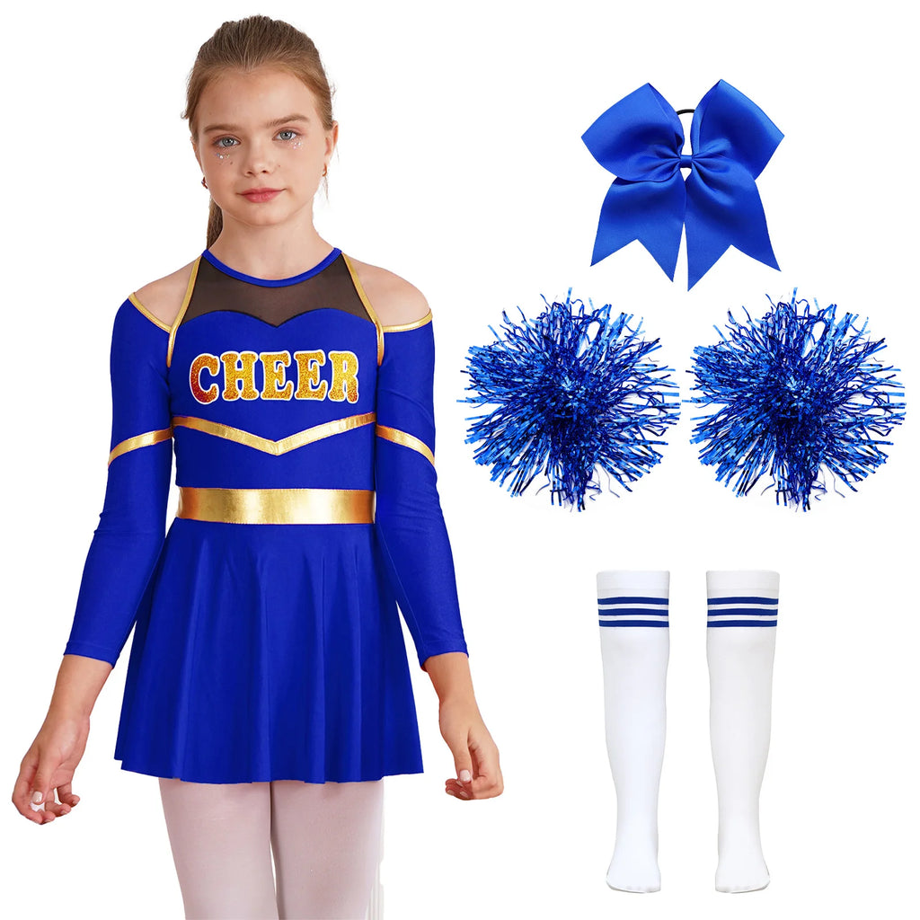 Costume de pom-pom girl pour filles, uniforme de pom-pom girl, tenue de danse scolaire, épaules dénudées, manches longues, robe de danse avec accessoires