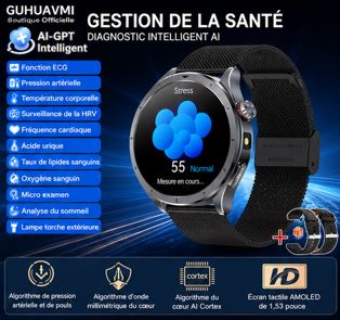 AI-GPT Health Watch 2026 – Montre Connectée Santé Premium ECG & Appels Bluetooth