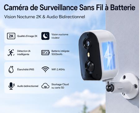 Caméra de Surveillance Galayou Sans Fil à Batterie – Vision Nocturne 2K & Audio Bidirectionnel