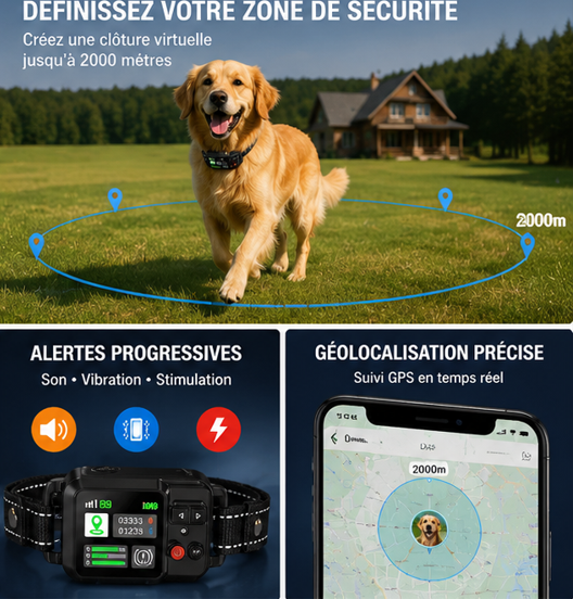 Collier GPS Sans Fil pour Chien – Clôture Virtuelle Intelligente & Anti-Fugue