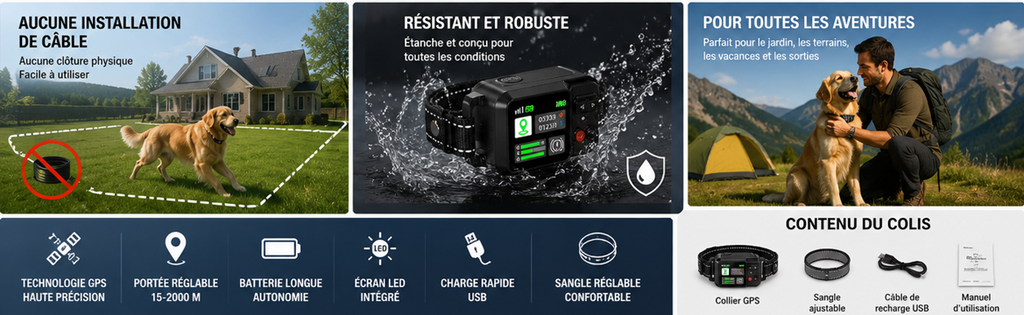 Collier GPS Sans Fil pour Chien – Clôture Virtuelle Intelligente & Anti-Fugue