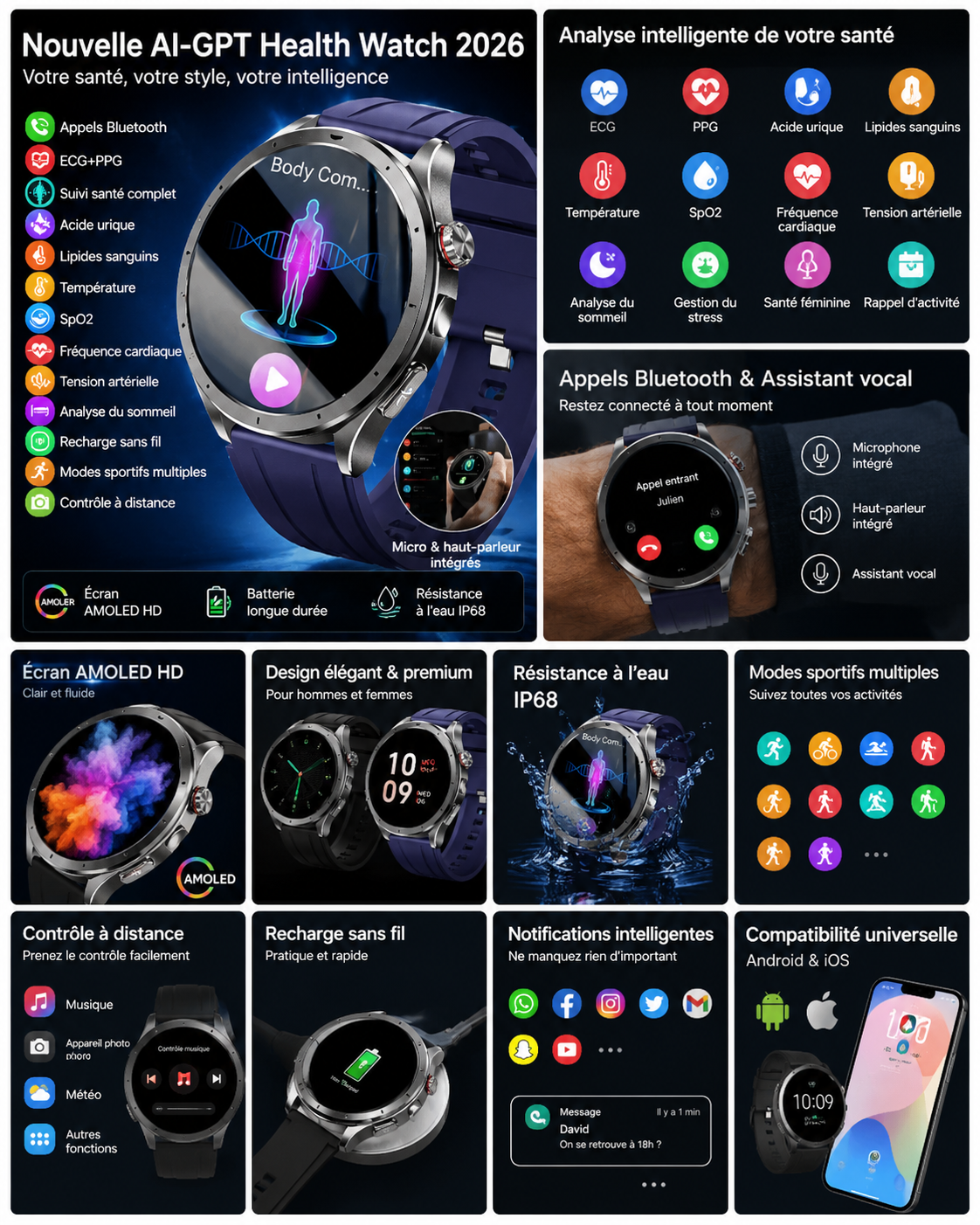 AI-GPT Health Watch 2026 – Montre Connectée Santé Premium ECG & Appels Bluetooth