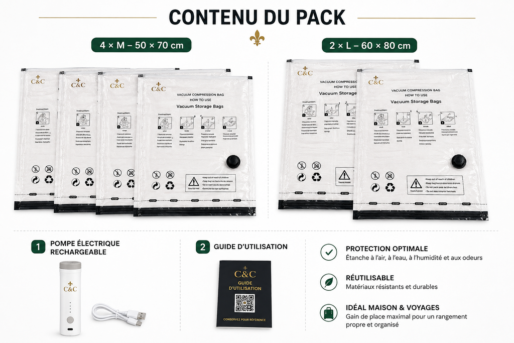 Kit de sacs sous vide C&C avec pompe électrique – 6 pièces