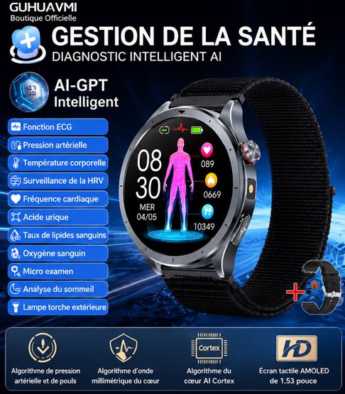 AI-GPT Health Watch 2026 – Montre Connectée Santé Premium ECG & Appels Bluetooth