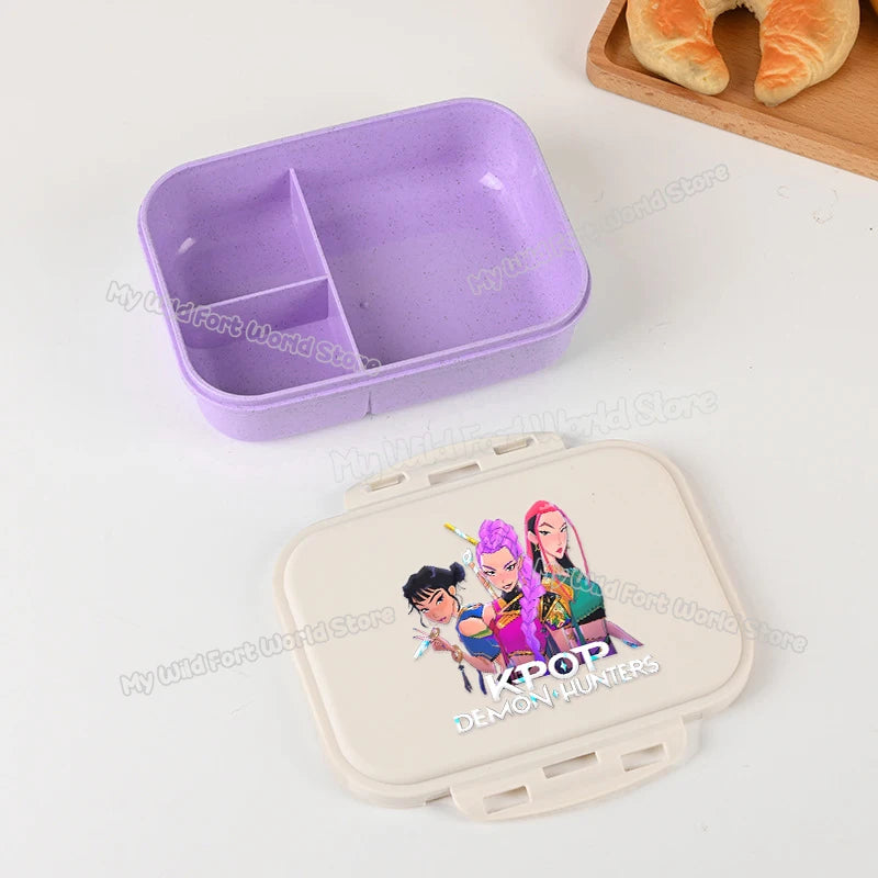 Boîte à lunch Kpop Demon Hunters pour garçon/fille, mignonne Mira Zoey Jinu, boîte bento portable en plastique avec vaisselle et récipient pour aliments et fruits