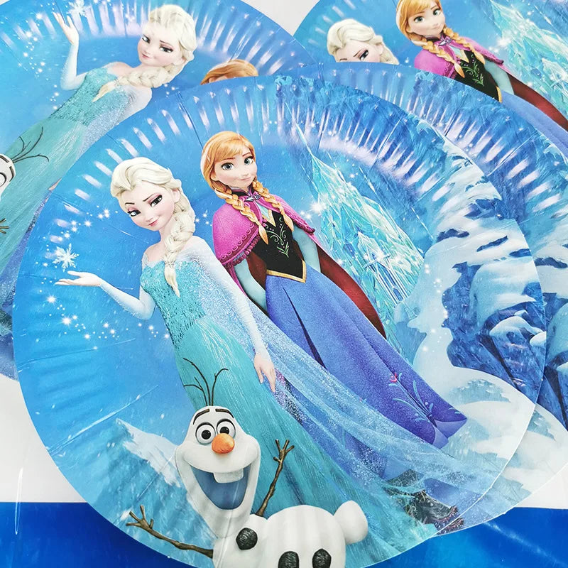 Assiettes jetables Disney Reine des Neiges, couverts, décorations de fête d'anniversaire Anna et Elsa, assiettes et gobelets pour enfants, articles de fête pour baby shower