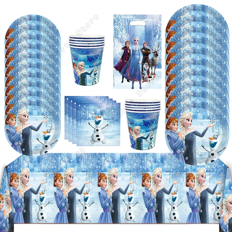 Kit de décoration pour fête d'anniversaire Disney Elsa La Reine des Neiges : vaisselle jetable, gobelets en papier, nappes, assiettes et sacs