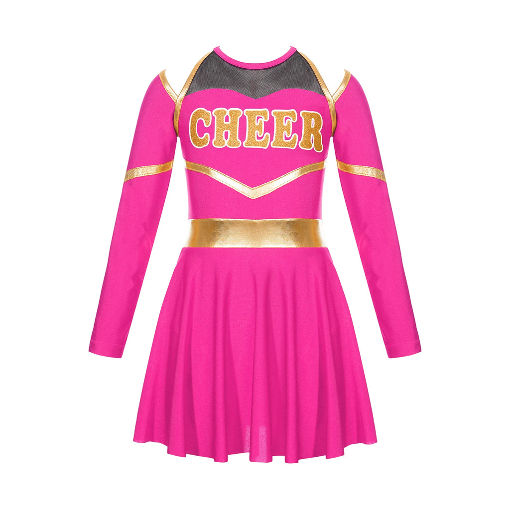 Costume de pom-pom girl pour filles, uniforme de pom-pom girl, tenue de danse scolaire, épaules dénudées, manches longues, robe de danse avec accessoires