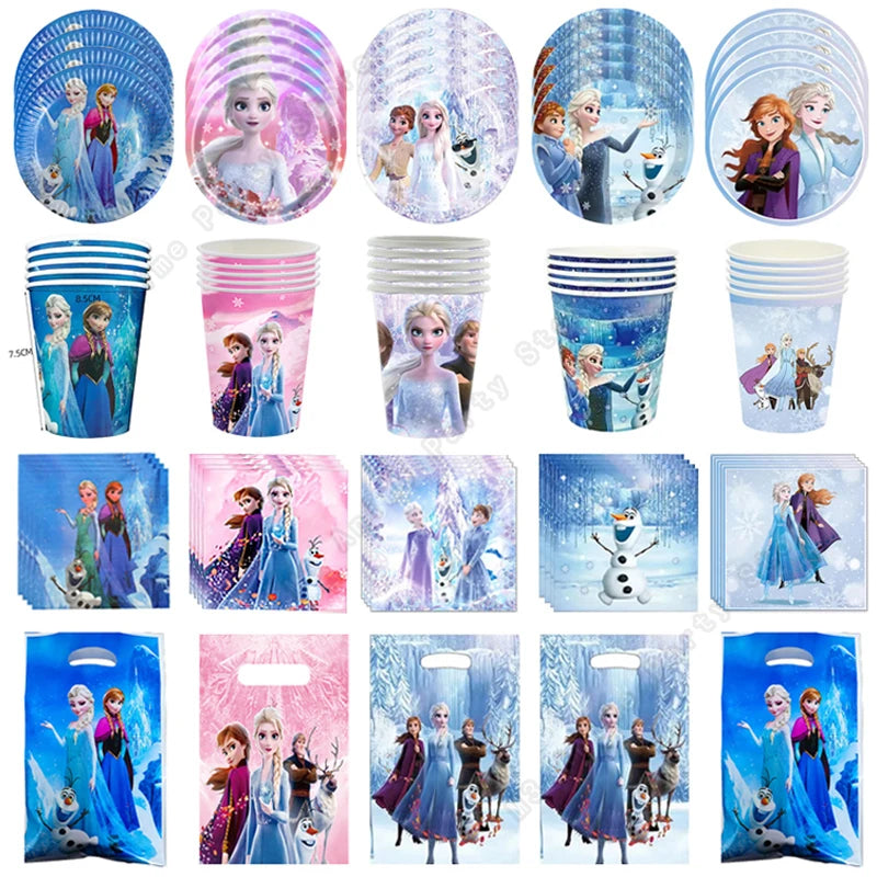 Kit de décoration pour fête d'anniversaire Disney Elsa La Reine des Neiges : vaisselle jetable, gobelets en papier, nappes, assiettes et sacs