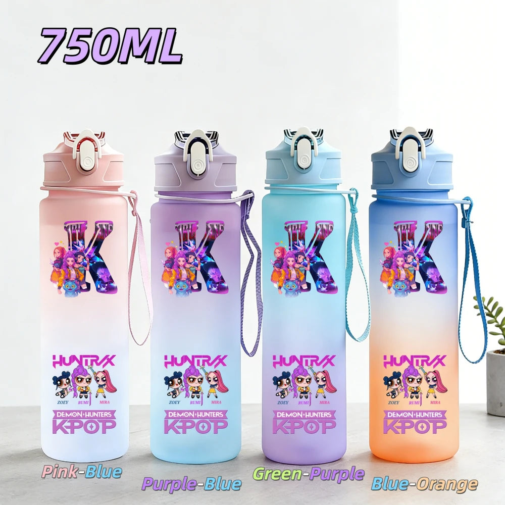 Gourde de sport KPop Demon Hunters 750 ml, étanche, colorée, avec paille, idéale pour le sport et le fitness en extérieur