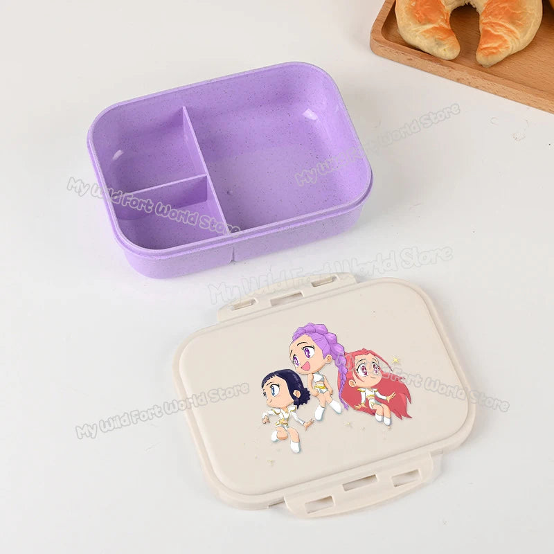 Boîte à lunch Kpop Demon Hunters pour garçon/fille, mignonne Mira Zoey Jinu, boîte bento portable en plastique avec vaisselle et récipient pour aliments et fruits