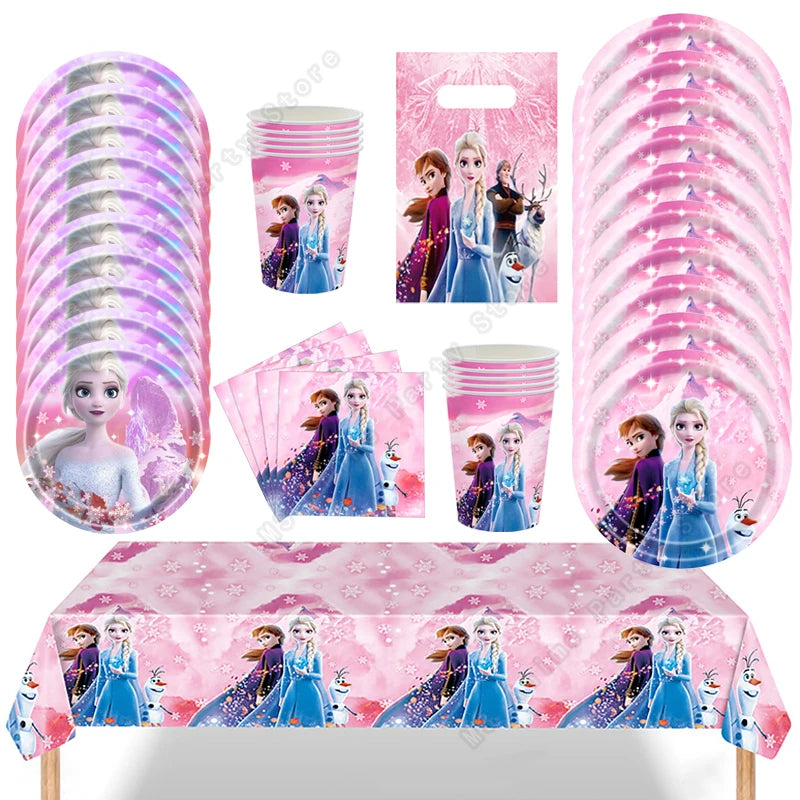 Kit de décoration pour fête d'anniversaire Disney Elsa La Reine des Neiges : vaisselle jetable, gobelets en papier, nappes, assiettes et sacs